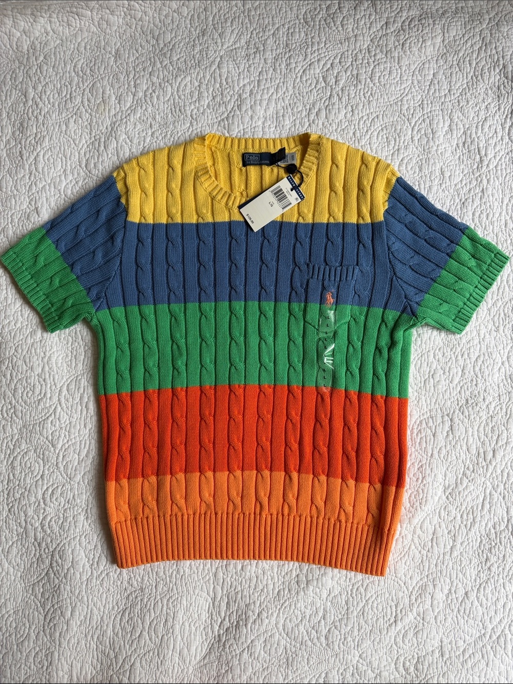 Polo by Ralph Lauren Women’s Short-Sleeve Cable-Knit Striped Sweater